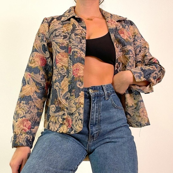 Vintage Jackets & Blazers - Vintage Coldwater Creek Womens Jean Jacket Paisley multicolor Floral Tapestry